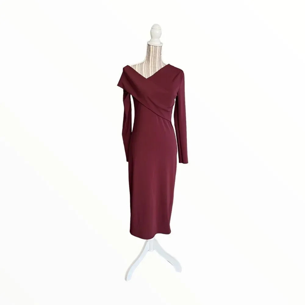 ZARA Maroon Asymmetrical Midi Dress Size M Cutout Detail - Picture 7 of 9